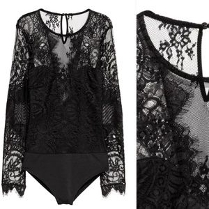 H&M Black Lace Long Sleeved Bodysuit 0